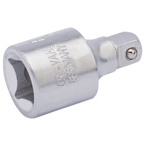 A close-up image of the Draper Elora Socket Converter, 3/8" (F) x 1/4" (M) - 870-10, crafted from chrome vanadium steel and featuring a square drive end and a hexagonal socket end, with corrosion protection adhering to DIN 3123 standards.