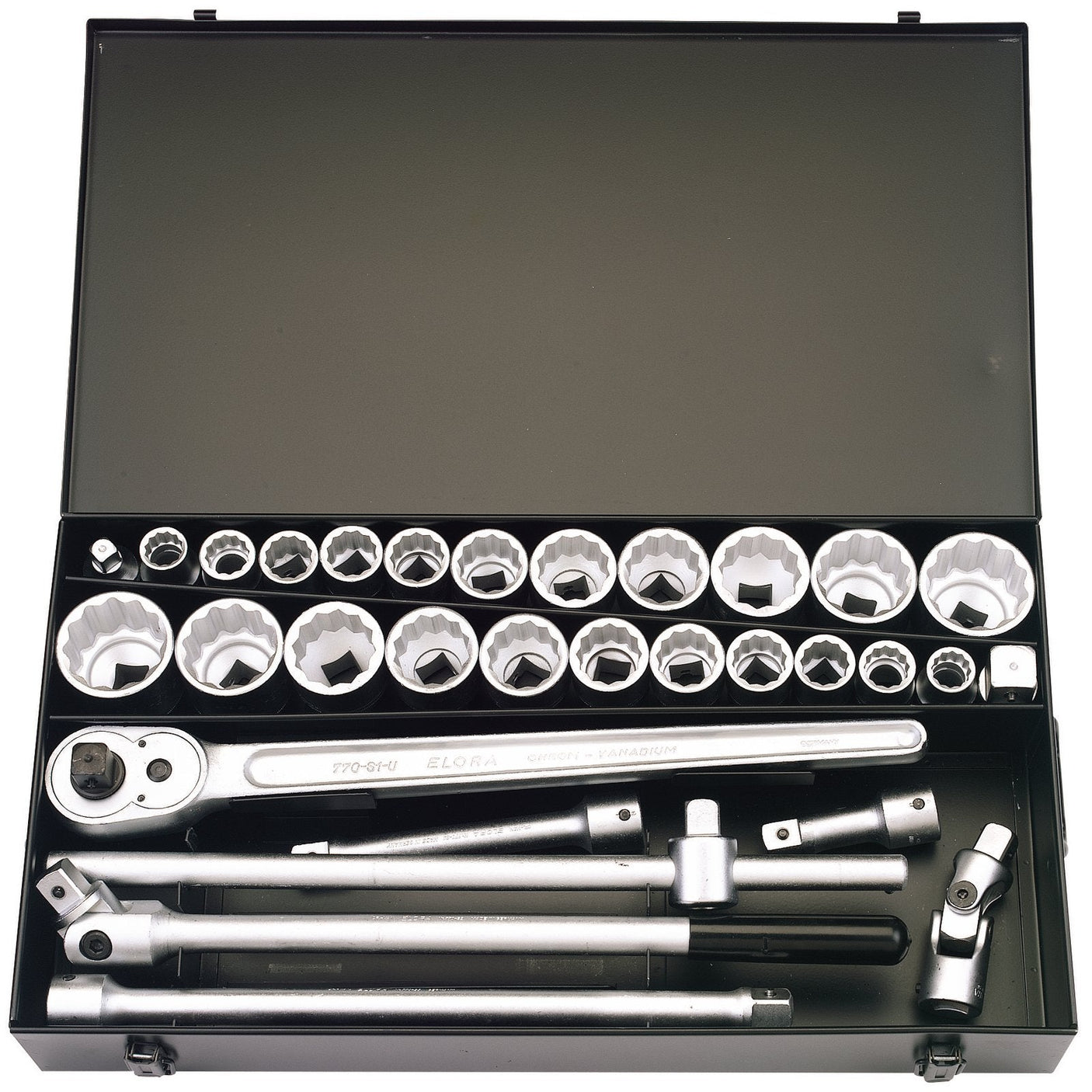 The Draper Metric and Imperial Socket Set, 3/4" Sq. Dr. (31 Piece) - 770-S22 MAU includes various chrome vanadium steel sockets, a reversible ratchet wrench, multiple extensions and adapters, all neatly organized in a metal toolset case.