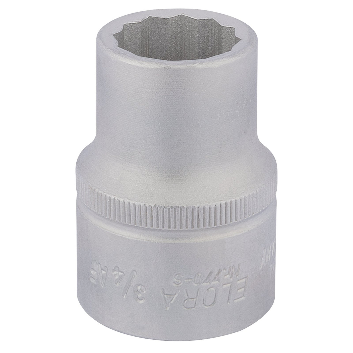 A close-up image of the Draper Elora Bi-Hexagon Socket, 3/4" Sq. Dr. - 770-SA 3/4", showcasing its silver finish and durable chrome vanadium steel construction with side engravings, offering enhanced corrosion protection.