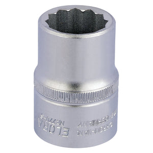 A metal socket with a 12-point interior design, made from chrome vanadium steel for enhanced durability and corrosion protection, used for tightening or loosening fasteners, bearing the inscription "Draper Elora Bi-Hexagon Socket, 7/8" 3/4" Sq. Dr. - 770-SA 7/8".