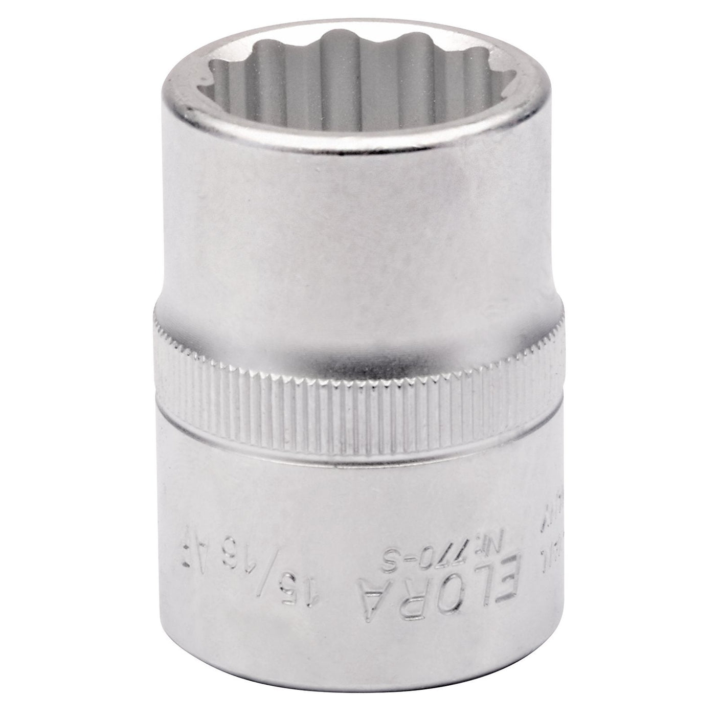 A silver, metallic Draper Elora Bi-Hexagon Socket, 15/16" crafted from chrome vanadium steel, featuring a ridged middle section for extra hand grip and engraved markings, used for fitting onto a 3/4" square drive socket wrench.