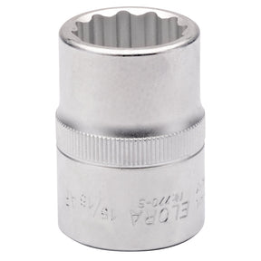 A silver, metallic Draper Elora Bi-Hexagon Socket, 15/16" crafted from chrome vanadium steel, featuring a ridged middle section for extra hand grip and engraved markings, used for fitting onto a 3/4" square drive socket wrench.