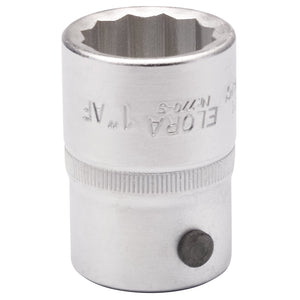 A close-up image of the Draper Elora Bi-Hexagon Socket, 1" 3/4" Sq. Dr. - 770-SA 1, with a twelve-point opening and engraved markings for size and the Draper brand, crafted from durable chrome vanadium steel for enhanced strength.