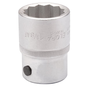 A close-up of the Draper Elora Bi-Hexagon Socket, 1.1/8" 3/4" Sq. Dr. - 770-SA 1.1/8 reveals its chrome vanadium steel construction with engraved text visible on its side. The socket includes a 12-point star-shaped interior, corrosion protection for durability, and a small push button on the lower portion.