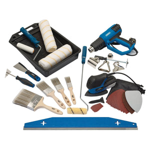 Discover the Draper Decorating Kit 1 - DTKDAOK, an all-in-one decorating kit featuring paint rollers, brushes, a paint tray, scrapers, sanding discs, a hot air gun, and specialized accessories. This comprehensive collection from Draper has everything you need to start decorating like a pro.