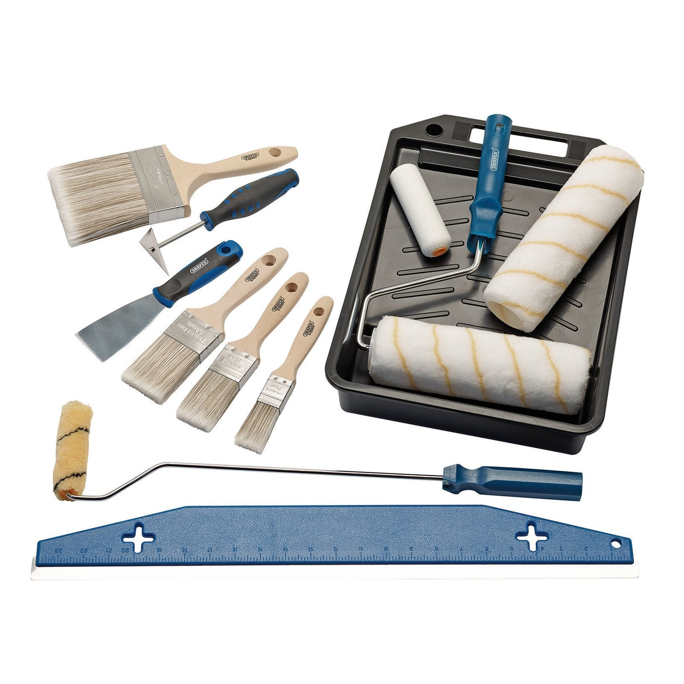 The Draper Decorating Kit 2 - DTKDHK 1 is an ideal prepping set for professional painters, featuring a collection of painting tools including brushes, rollers, a paint tray, a scraper and filling knife, a ruler, and a paint stirrer arranged on a white background.