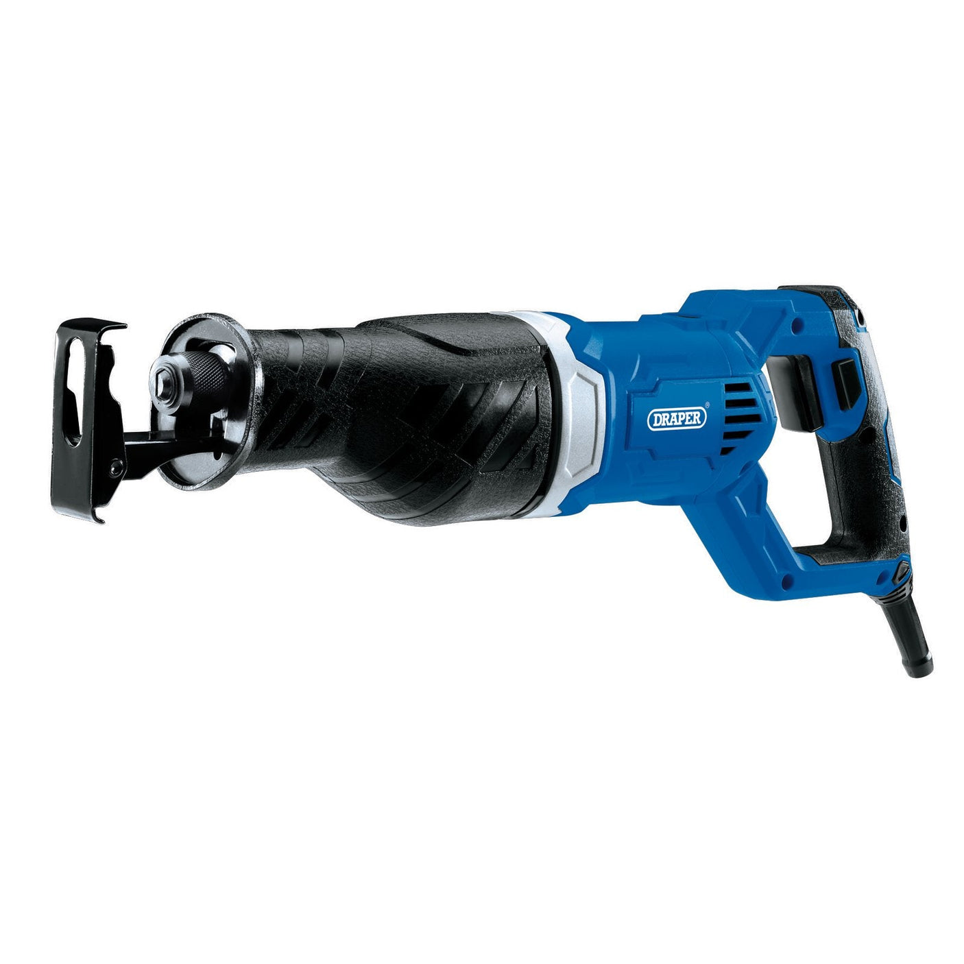 The Draper Reciprocating Saw, model RSAW1050D-TS, is a 1050W electric saw featuring a blue and black body, ergonomic handle, and a visible power cord.