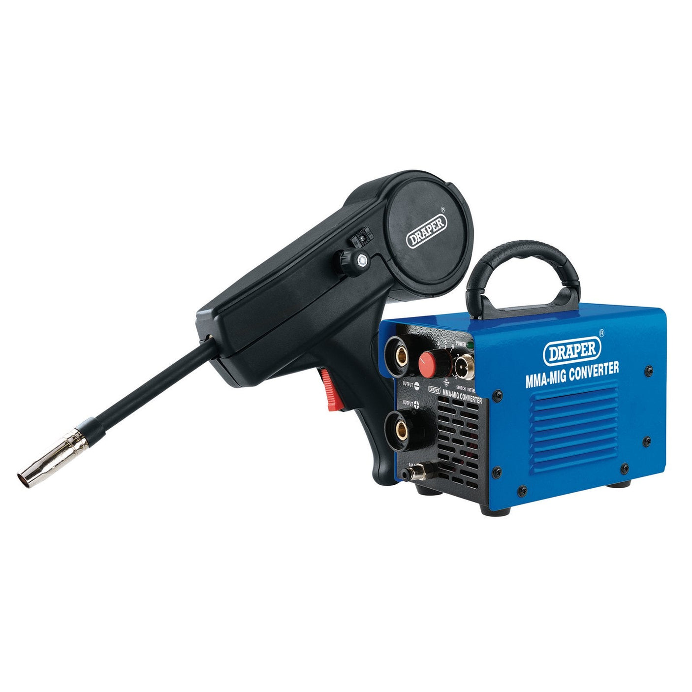 Image of the Draper 230V MMA to MIG Converter, 200A - MCB200 welding machine with a blue rectangular body and a connected MIG spool gun. The Draper MCB200 features various ports and a carrying handle on top.