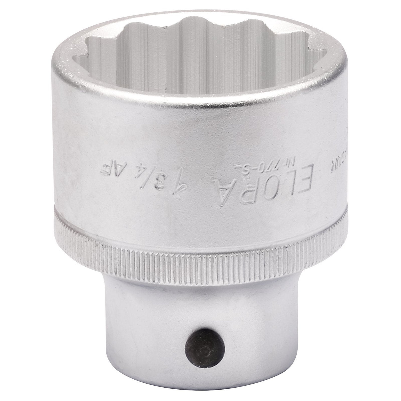 A close-up view of a metallic Draper Elora Bi-Hexagon Socket, 1.3/4" 3/4" Sq. Dr., showcasing its twelve-pointed interior design and knurled band, crafted from chrome vanadium steel for superior durability and corrosion protection.