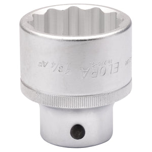 A close-up view of a metallic Draper Elora Bi-Hexagon Socket, 1.3/4" 3/4" Sq. Dr., showcasing its twelve-pointed interior design and knurled band, crafted from chrome vanadium steel for superior durability and corrosion protection.