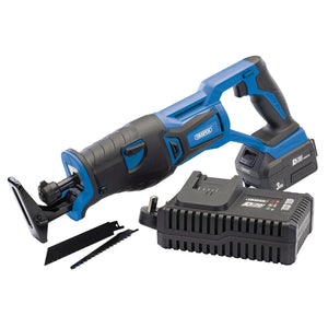 The Draper D20 20V Brushless Reciprocating Saw (D20RS28SET) in blue and black, part of the D20 series, includes a 3.0Ah battery pack, fast charger, and an additional saw blade on display. It features a convenient quick change blade system for easy swap-outs.