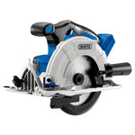 Image of a Draper D20 20V Brushless Circular Saw (D20CS165SET) with a blue handle and silver blade guard, featuring a brushless motor for enhanced efficiency, designed for cutting wood and other materials. The set includes one 3.0Ah battery and one fast charger.