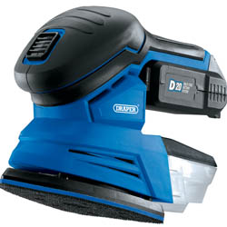 A versatile Draper D20 20V Tri-Base Detail Sander in blue and black, comes with a 2.0Ah battery and charger, featuring a Hook and Loop backing pad for easy sandpaper changes.