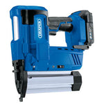 A Draper D20 20V Nailer/Stapler (model D20NSSET) with a blue finish and a black grip, prominently displaying the brand name "Draper" in white. The tool, designed for inserting nails into surfaces, features an interchangeable battery system with one 2.0Ah battery and a charger included, as well as a safety contact tip. It is shown against a plain white background.