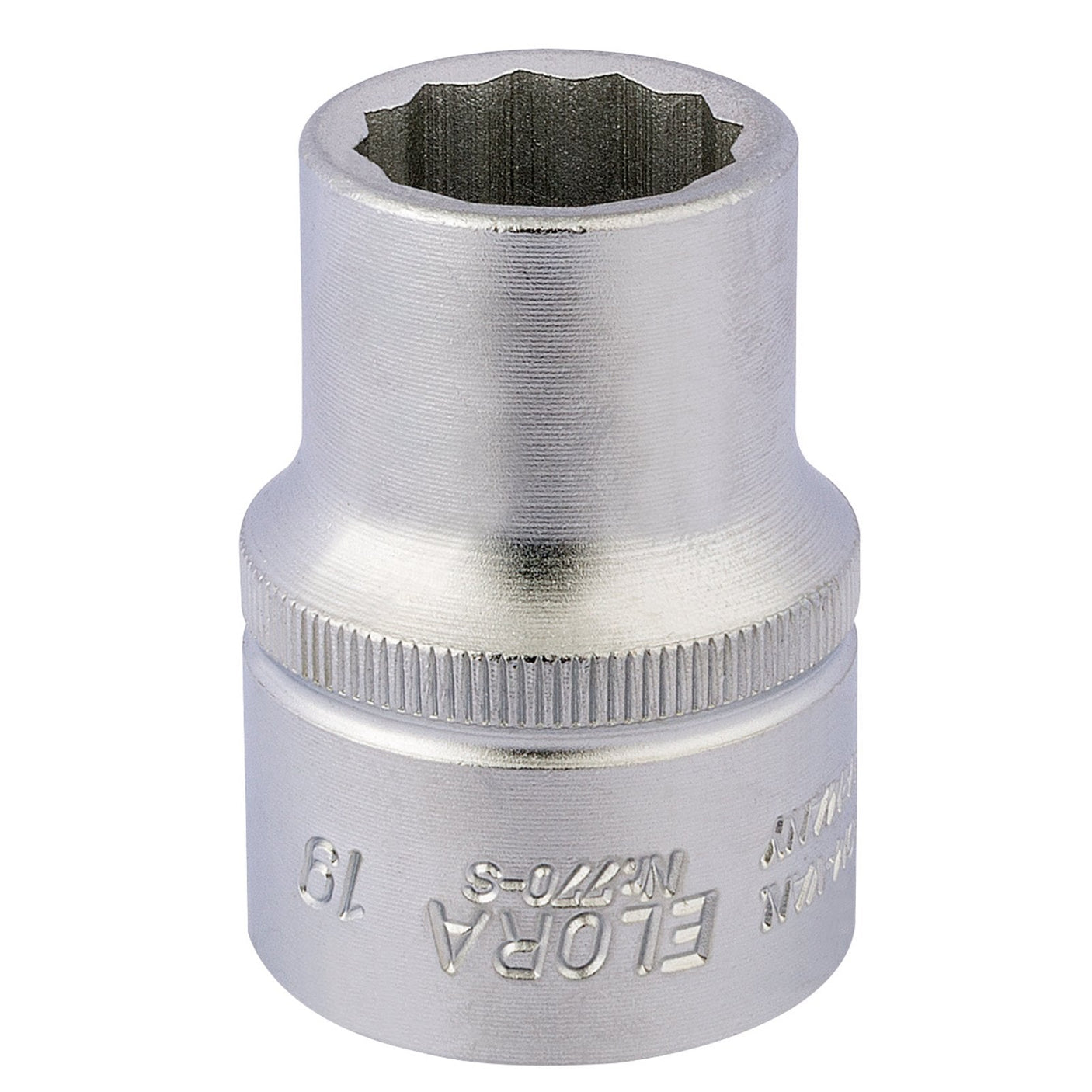 A close-up image of a silver Draper Elora Bi-Hexagon Socket, 3/4" Sq. Dr., 19 mm - 770-S 19, displaying brand and size markings, along with the knurled band for better grip. The tool is made from durable chrome vanadium steel, ensuring longevity and corrosion protection.