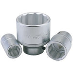 Three Draper Elora Bi-Hexagon Socket heads, 3/4" Sq. Dr., 33mm - 770-S 33, made from durable chrome vanadium steel for superior corrosion protection, arranged together on a plain background.