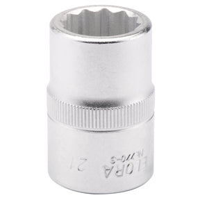 The Draper Elora Bi-Hexagon Socket, 3/4" Sq. Dr., 21mm - 770-S 21 is crafted from durable chrome vanadium steel and features a 12-point star-shaped internal design along with a knurled grip surface for extra hand grip.