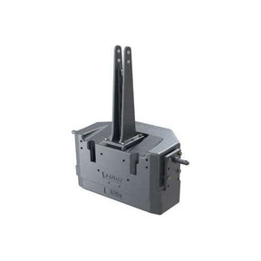 A gray, rectangular mechanical part with two vertical prongs and several slots and connectors, resembling the Fendt - 870kg Tractor Weight - 0070174200000 by AGCO.