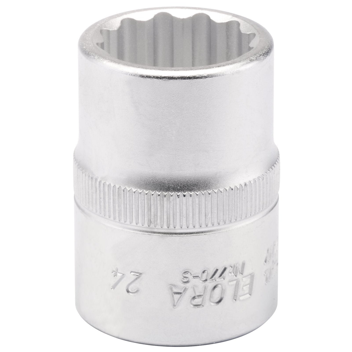 The Draper Elora Bi-Hexagon Socket, 3/4" Sq. Dr., 24mm - 770-S 24 is a metal socket wrench attachment made from chrome vanadium steel with engraved text. It features a durable design with a 12-point end for effectively gripping nuts and bolts and offers superior corrosion protection for long-lasting use.