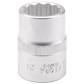 The Draper Elora Bi-Hexagon Socket, 3/4" Sq. Dr., 24mm - 770-S 24 is a metal socket wrench attachment made from chrome vanadium steel with engraved text. It features a durable design with a 12-point end for effectively gripping nuts and bolts and offers superior corrosion protection for long-lasting use.