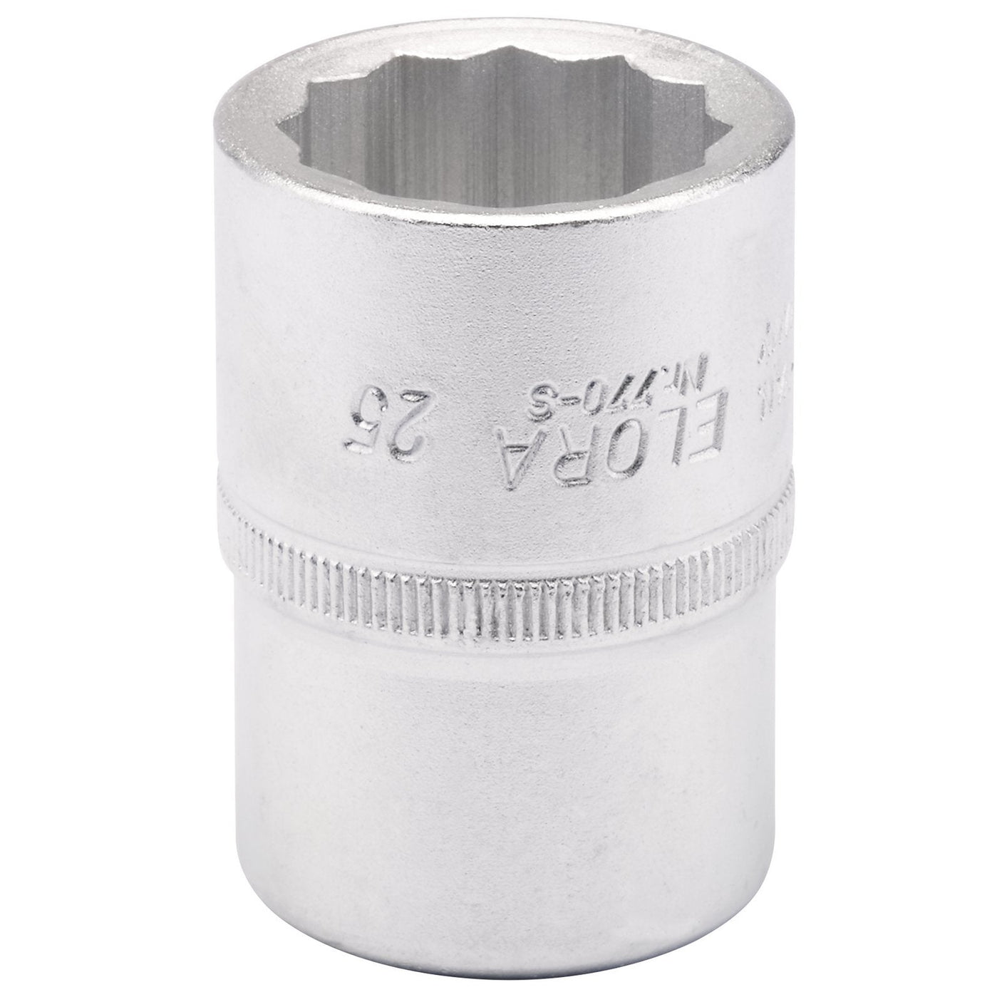 A durable chrome vanadium steel socket wrench head with engraved text displaying the brand "Draper" and the size "25mm". The tool features a ribbed midsection for grip and a bi-hexagonal opening.