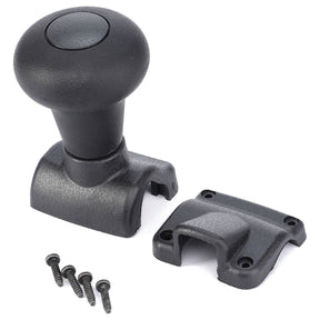 A Fendt - Rotation Handle Steering Wheel (0073733200000) by AGCO, in black, complete with a mounting bracket and four screws, designed specifically for the Vario series of Fendt tractors.