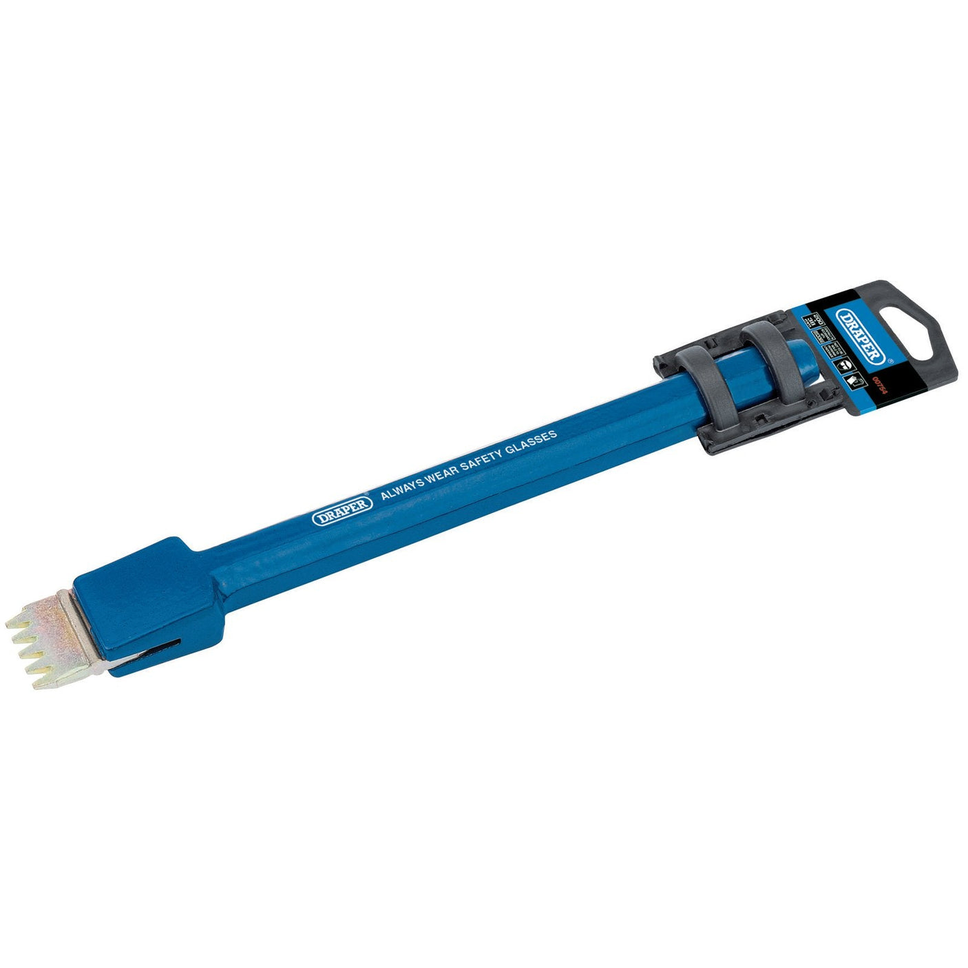 The Draper Scutch Holding Chisel - BD5D/A, a blue paint scraper with a metal blade and a textured handle, is packaged with a cardboard tag detailing the Draper brand and safety instructions. It features an octagonal shank similar to high-quality chisels that meet BS3066 standards.