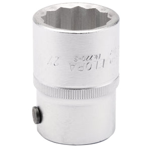 A rugged Draper Elora Bi-Hexagon Socket, 3/4" Sq. Dr., 27mm - 770-S 27, crafted from durable chrome vanadium steel and featuring a ridged central section. The socket is engraved with "FLORA" and "27" and has twelve inner points for fitting nuts or bolts, providing excellent corrosion protection.