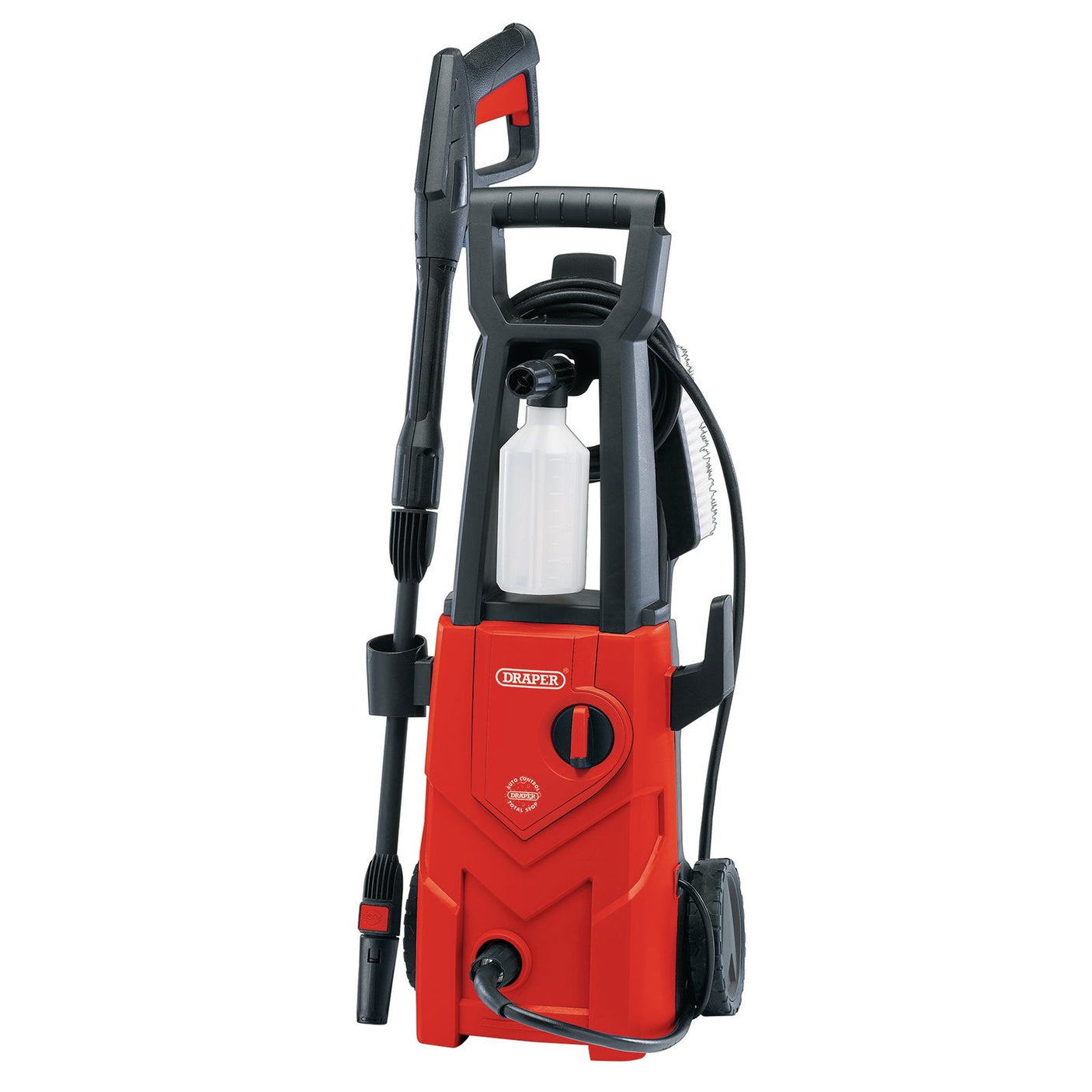 The Draper 230V Pressure Washer, 1600W, 135Bar in Red (PW1600/90D/RED), features a black handle and wheels, hose, trigger gun, attached detergent bottle, and total stop device—ideal for patio cleaning.