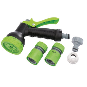 A green and black Draper Spray Gun Kit (5 Piece) - GWPPSG7/5, featuring a 7-pattern spray gun and various connectors and fittings, including quick connect adapters and a tap connector.