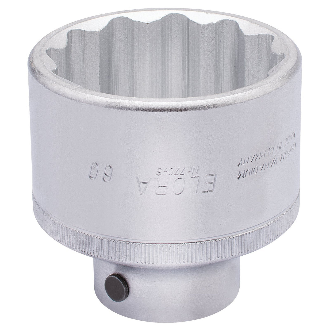 The Draper Elora Bi-Hexagon Socket, 3/4" Sq. Dr., 60mm - 770-S 60, crafted from durable chrome vanadium steel and featuring engraved markings, offers a hexagonal interior for attachment to compatible tools along with added corrosion protection.