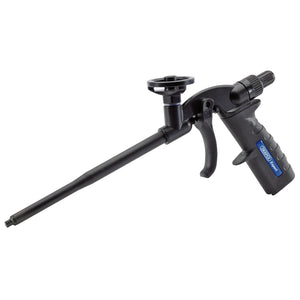 The Draper Expert Non-Stick Coated Expanding Foam Applicator Gun - EFG/2 by Draper is a black, hand-held spray gun compatible with aerosol canisters, featuring an adjustable nozzle, ergonomic handle, and trigger mechanism.