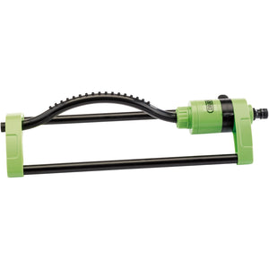 The Draper Oscillating Sprinkler - GOS/B from Draper features green, impact-resistant plastic components and a black metal frame, along with adjustable spray patterns for customized watering.