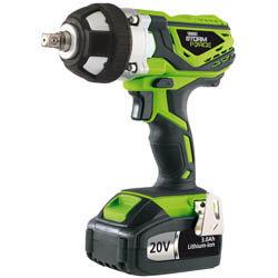 A Draper Storm Force® cordless impact wrench in green, black, and silver featuring a 20V lithium-ion battery and a variable speed trigger.