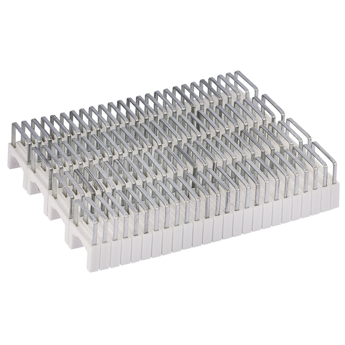 A white plastic base with rows of vertical metal prongs arranged in a grid pattern, reminiscent of the precision found in Draper's Insulated Cable Staples, 6-8mm (Pack Of 100) - 1407R.