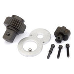 A set of mechanical parts including a geared component, a perforated metal plate, smaller fittings, and three screws essential for the Draper Ratchet Repair Kit For 01028 - Y770-S16. Ideal for professional tool repair and addressing faulty ratchet issues.