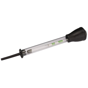 The Draper Anti-Freeze Tester - AFT-2B, a clear plastic battery hydrometer with a black bulb and nozzle designed for measuring the specific gravity of battery acid, can also be utilized for ethylene glycol testing.