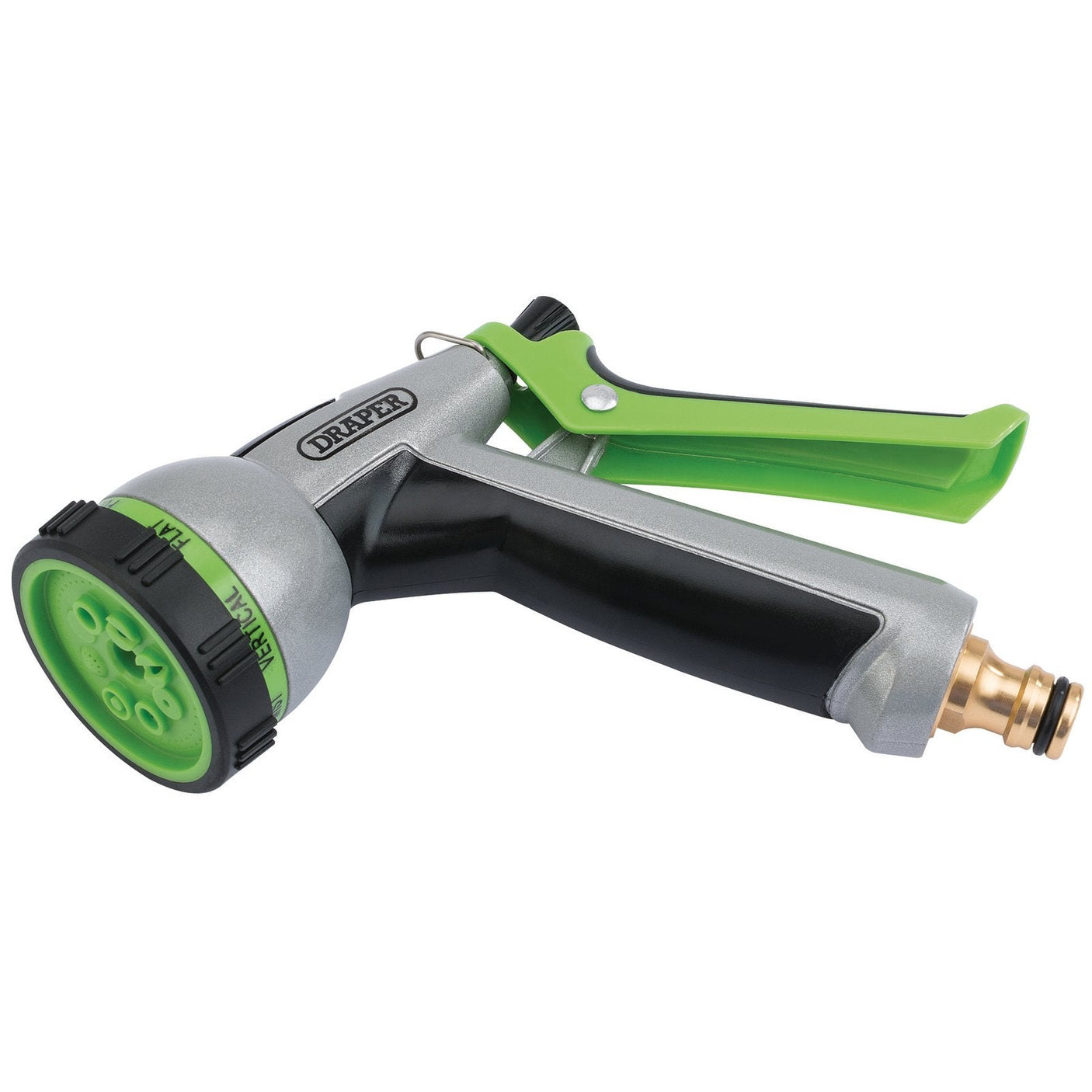 The Draper 8 Pattern Spray Gun - GWB10/A is a green and black garden hose nozzle with 8 spray patterns and an ergonomic grip handle. This durable spray gun features a metal body with plastic accents, offering versatility and comfort in your gardening tasks.