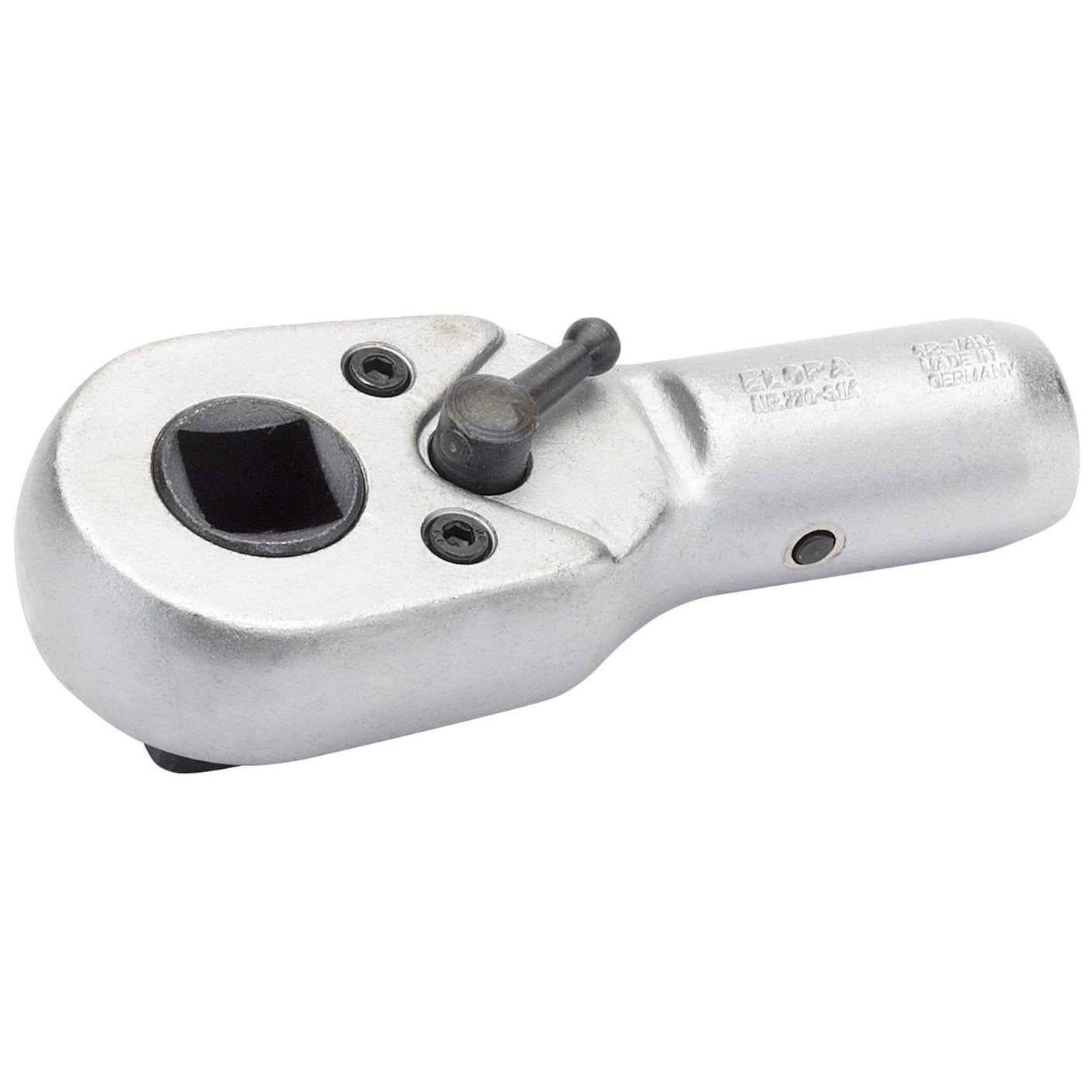 The Draper Elora Reversible Ratchet Head, 3/4" Sq. Dr. - 770-S1K is a compact tool featuring a metal ratchet head with a square drive, a short handle, and a lever for changing direction, all crafted from Chrome vanadium steel.