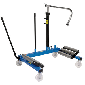 The Draper Expert Wheel Removal Trolley, 1.5 Tonne - WRT100, is a blue hydraulic transmission jack equipped with heavy-duty castors, adjustable arms, and a handle for raising and lowering the mechanism.