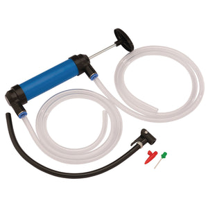 The Draper Multi-Use Transfer Pump - MUTP by Draper features a hand-operated design with a blue cylinder, attached clear tubing, and additional accessories including a black hose, red nozzle, and green needle adapter.