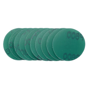 A stack of Draper Wet And Dry Sanding Discs With Hook And Loop, 50mm, 600 Grit (Pack Of 10) - SDWOD50, featuring black text indicating "600," arranged in a slightly fanned-out pattern. These green circular discs are coated with premium aluminium oxide for efficient sanding.