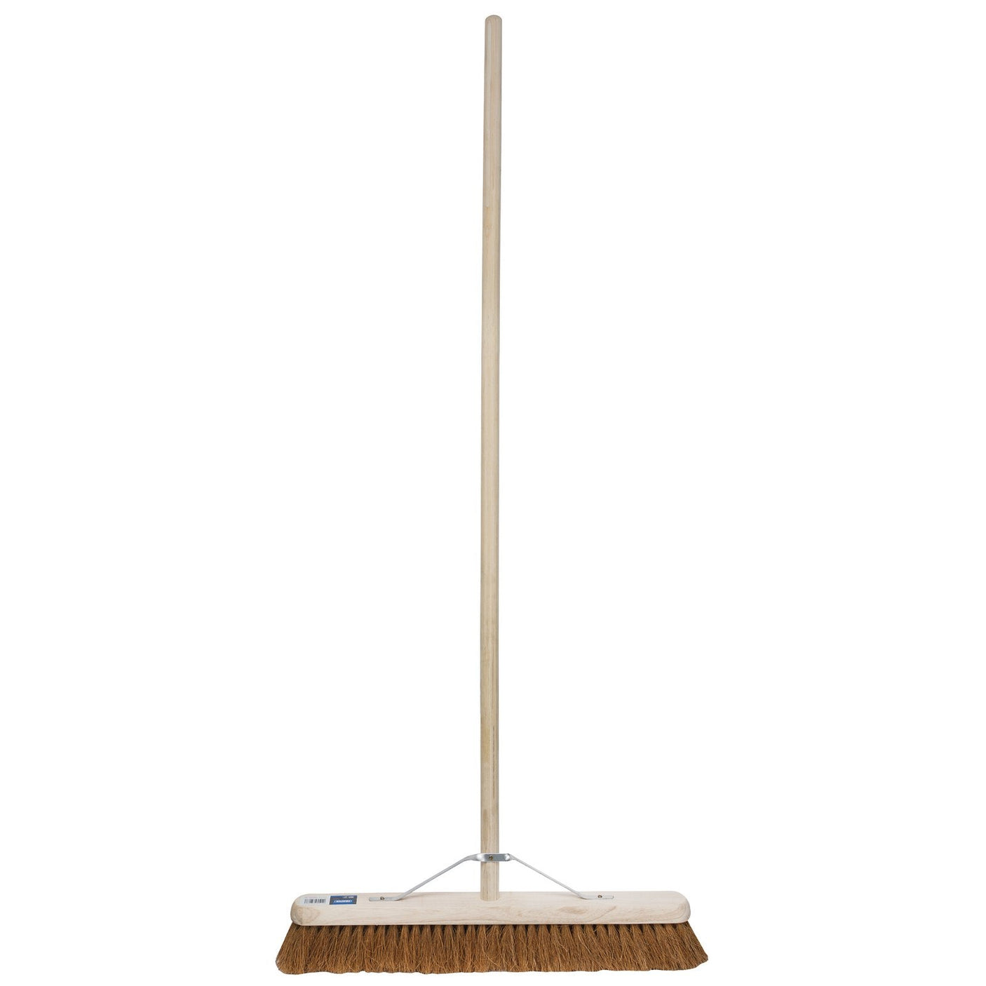 The Draper Soft Coco Platform Broom, 600mm - PBRM/COCOE, featuring a solid wooden handle and brown bristles, is shown against a plain white background.