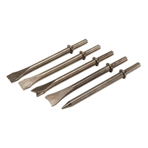 The Draper Air Hammer Chisel Set for the Draper Air Hammer Kit (5 Piece) - ADAT-AHK-29 features five assorted shank chisels with 10mm shanks, each arranged in a row and equipped with different shaped tips for a variety of applications.