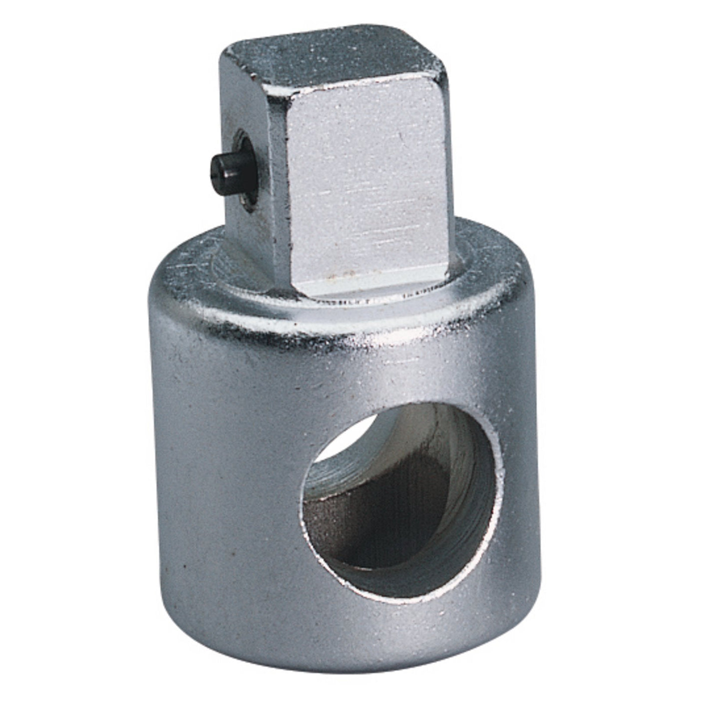 The Draper Elora Sliding 'T' Bar Head Only, 3/4" Sq. Dr. - 770-S13 features a steel adapter with a cylindrical base that includes a hole and is topped by a square-shaped connector. Made from chrome vanadium steel, the connector is equipped with an internal pin visible on one side, ensuring excellent corrosion protection.