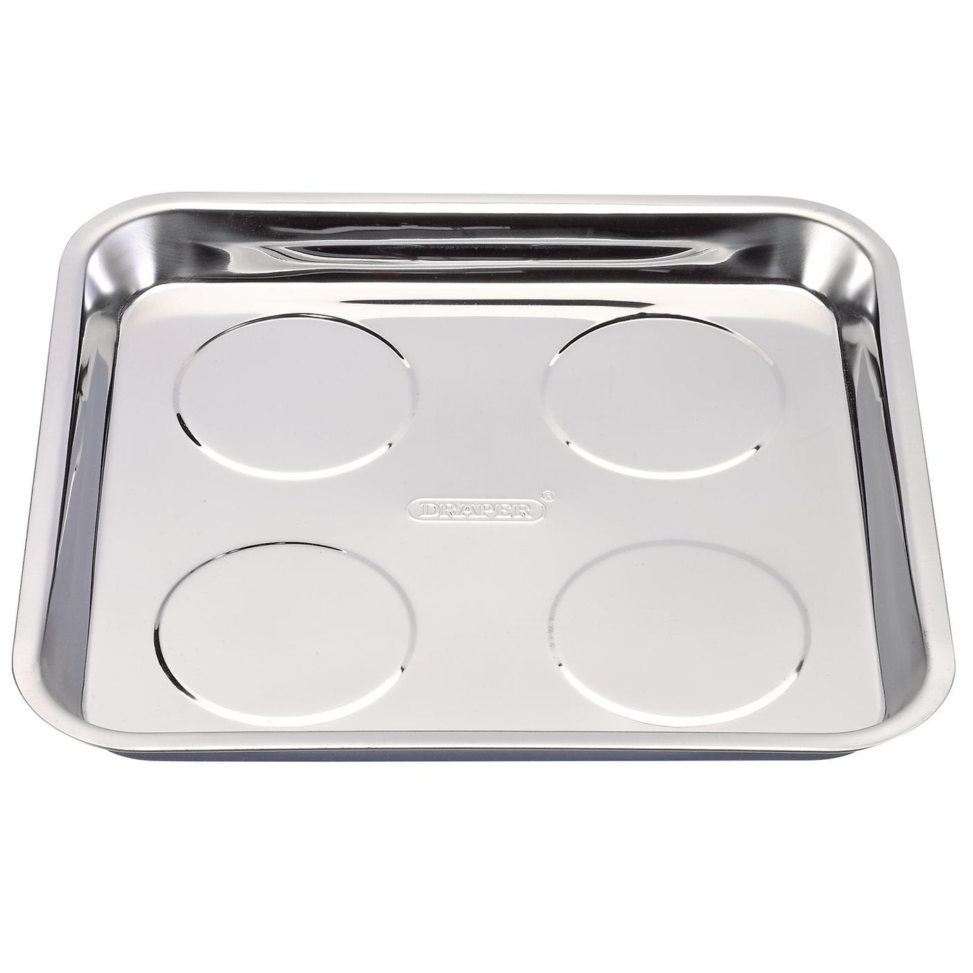 The Draper Magnetic Parts Tray, measuring 295 X 280 X 40mm, is a high-grade stainless steel rectangular tray with rounded corners and four circular depressions on the bottom.