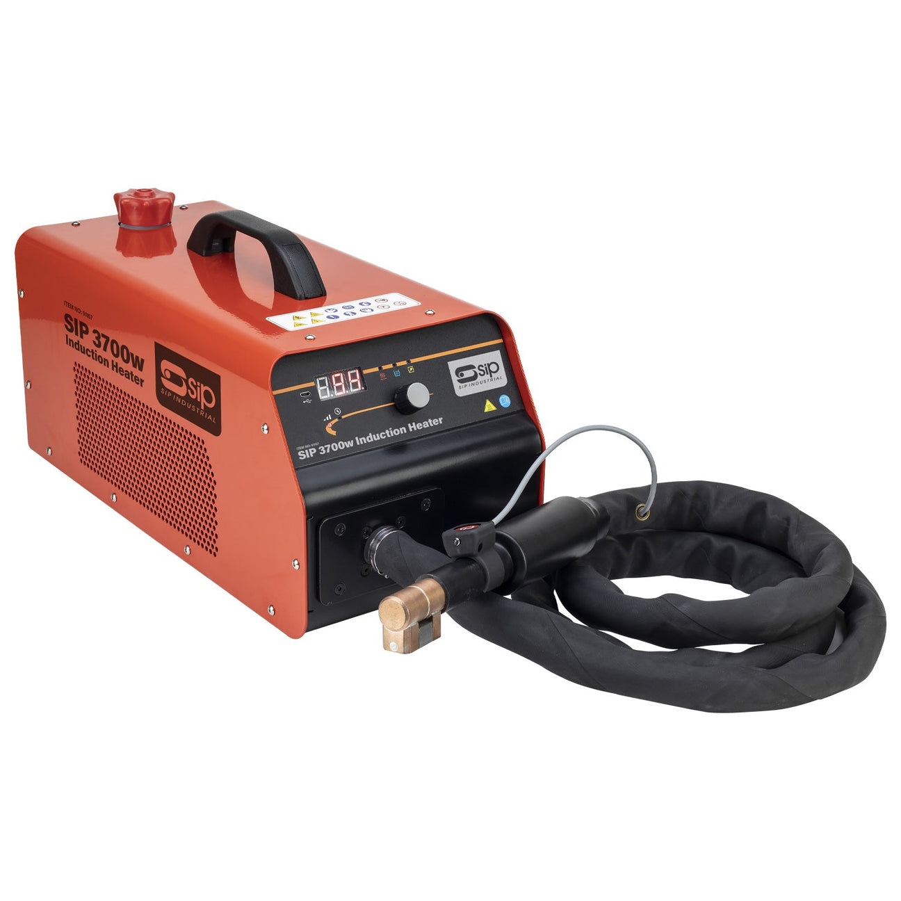 The SIP 3700W Induction Heater | IP-01157, featuring a red design with a digital display panel, black handle, and an attached heating coil wrapped in a protective cover, is perfect for metal shrinking tasks in an automotive workshop.