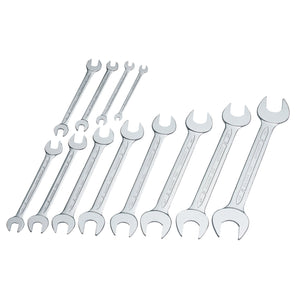 The Draper Long Metric Open End Spanner Set (12 Piece) - 100S 12M, a professional-quality set of twelve open-end wrenches made from Chrome vanadium steel and meeting DIN 3110 standards, is neatly arranged on a white background.