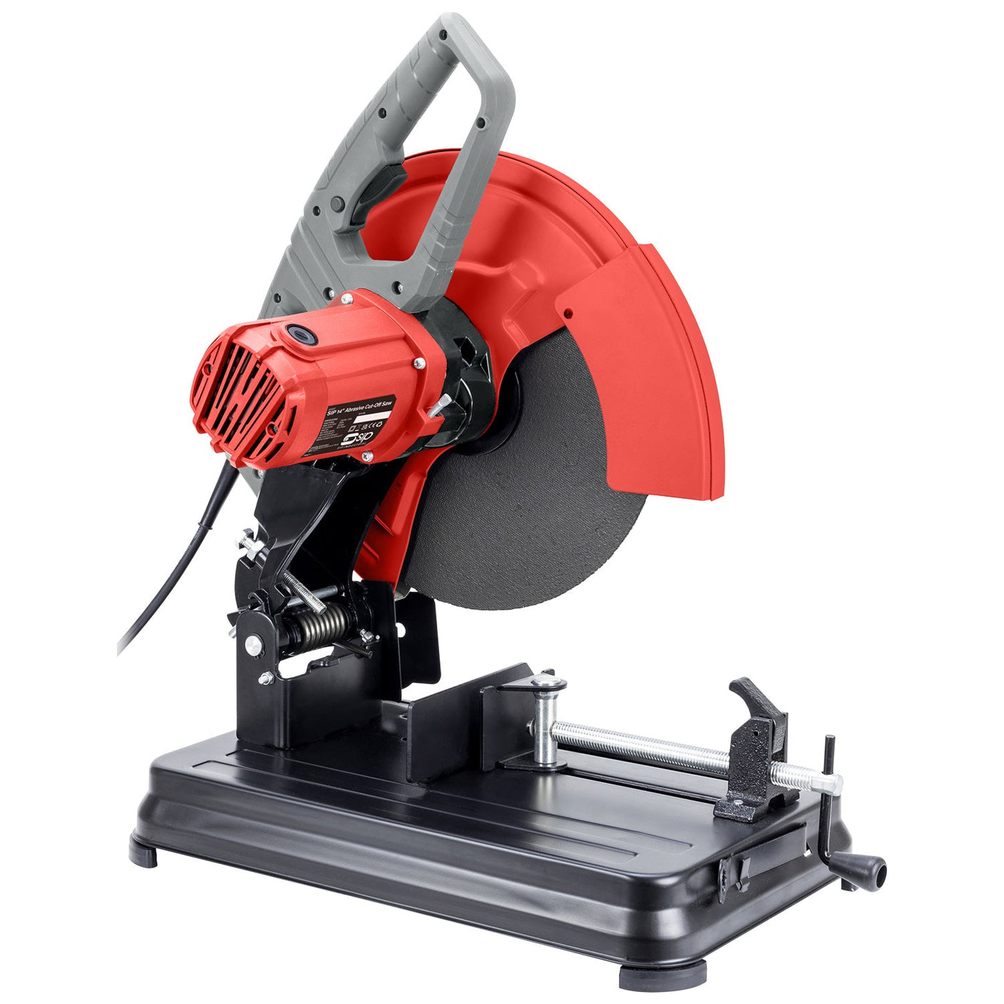 Image of the SIP - 14" Abrasive Cut-Off Saw - SIP-01307, characterized by its red and black metal body, large circular blade, and handle. It is seated on a black base equipped with a clamp for securing materials, and provides an adjustable cutting angle for precise metal cutting.