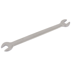 The Draper Elora Long Imperial Double Open End Spanner, 1/4 X 5/16" - 100A-1/4x5/16, crafted from chrome vanadium steel, features one end slightly larger than the other. This metallic tool boasts visible text stamped on its handle, ensuring durability and optimal performance.